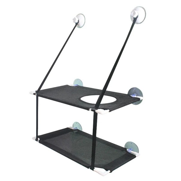 Double étagère suspendue pour animaux de compagnie avec ventouses sur verre et sangles en nylon Dimensions 50 x 30 cm, longueur des sangles 45 + 25 cm noir