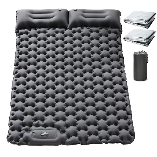 Double Inflatable Sleeping Mat 196 x 125 x 9 cm Built-in Foot Pump Nylon 40D with TPU With Two Pillows For 2 People For Camping and Hiking 1