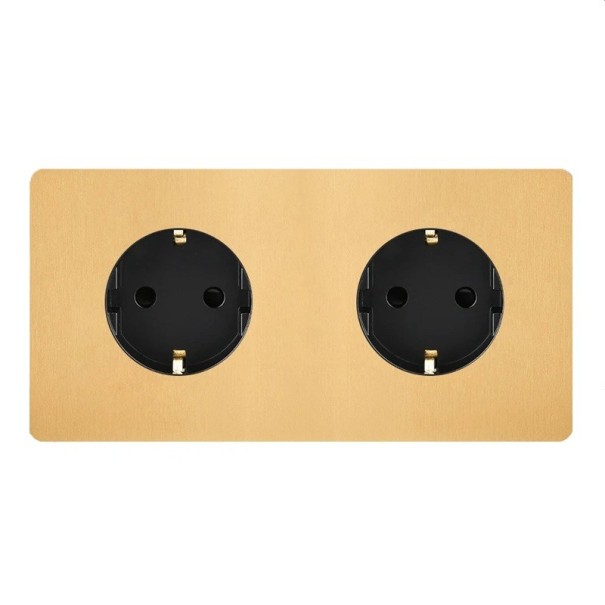 Double Wall Socket Flush Mount, Retro Design, EU Schuko, 172 x 86 mm, 16 A, Brushed Stainless Steel, Gold, for Home and Office 1