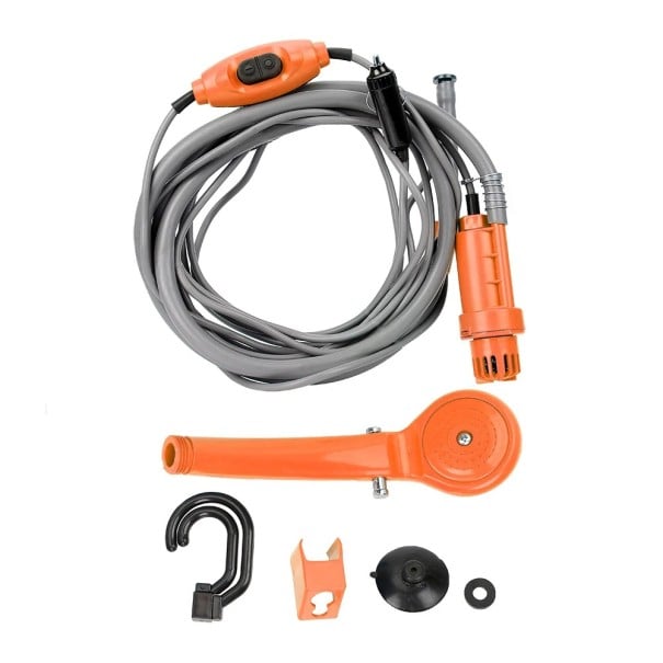 Douche 12V pour caravanes avec tuyau Adaptateur d'allume-cigare Alimentation Camping Lavage de voiture Douche de voyage portable ABS DC 12V orange