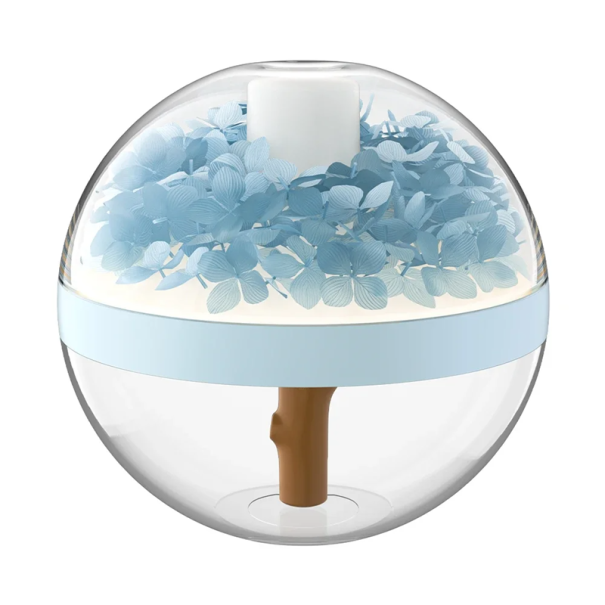 Draadloze luchtbevochtiger 270 ml met LED-nachtlampje en kunstbloemen USB C 800 mAh Slaapkamerdecoratie 12 x 11 cm blauw