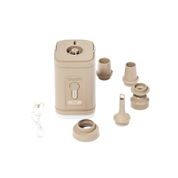 Draadloze mini-luchtpomp 25 W 500 l/min Draagbare oplader USB-C Lamp 5 sproeiers Compacte pomp 4440 mWh 5x5x8,4 cm bruin