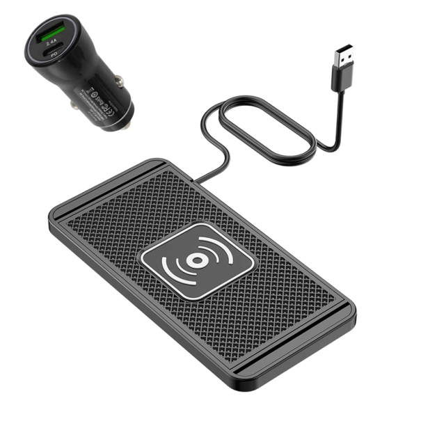 Draadloze snelle autolader 15W siliconen pad met standaard USB A-kabel + sigarettenaanstekerlader USB C en USB A QC 3.0 PD 20W 1