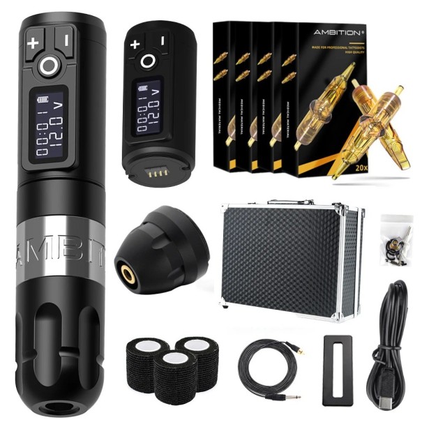 Draadloze tattoo-penset met kernloze motor van 2400 mAh en andere accessoires Complete tattoo-set met 80 stuks tattoo-cartridges van verschillende formaten voor beginners en professionals Stille, krachtige tattoo-pen met LED-display en tattoo-cartridges voor lijnen en schaduwen 14,8 x 3,2 cm zilver