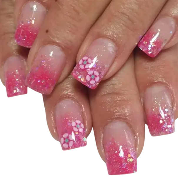 Draagbare kunstnagels middelgrootte 24 stuks Plak tips Vierkante vorm Glanzend ombré met bloemenversiering 1