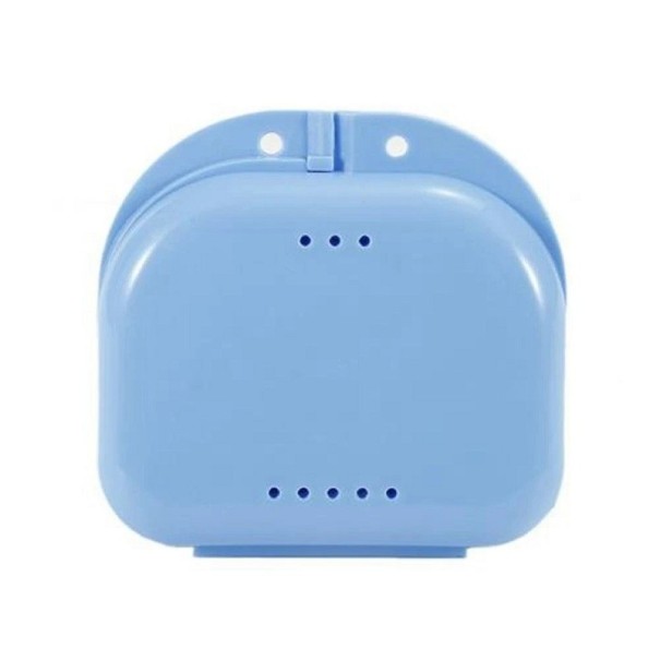 Draagbare opbergbox voor kunstgebitten, orthodontische box, kunstgebitkoffer, geventileerde box met ademende gaten, 8 x 8,5 x 2,7 cm blauw