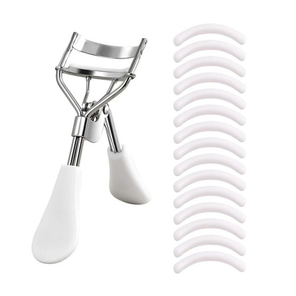 Draagbare wimperkruller 10,7 x 3,5 cm met 15 siliconen pads Roestvrijstalen wimperkruller Wimperkruller Beauty Tool wit