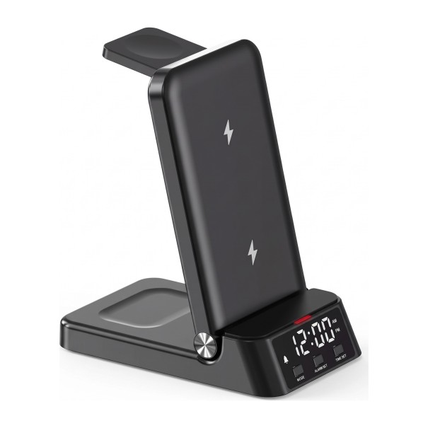 Drahtlose 3-in-1-Ladestation mit Wecker 15 W Klappständer für iPhone Apple Watch und AirPods LED-Uhren Schwarz Für Nachttisch 1