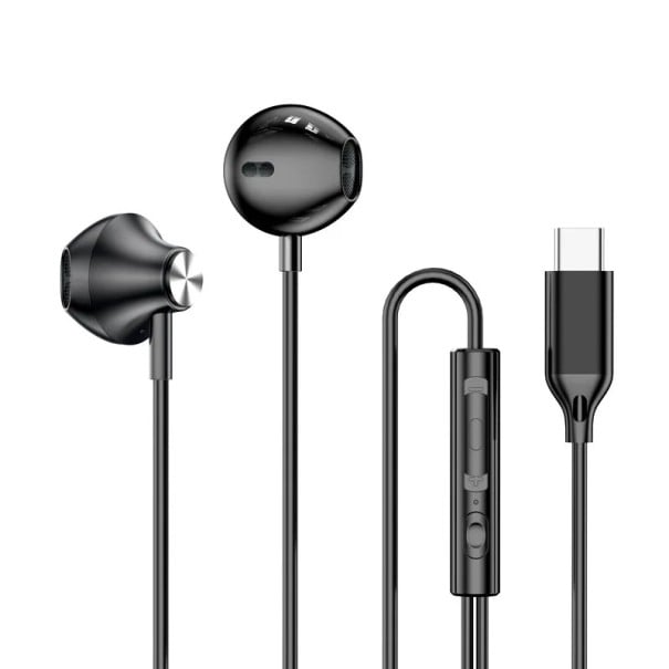 Drahtlose In-Ear-Kopfhörer mit USB-C-Anschluss und Mikrofon, robustes Metallgehäuse und PVC-Kabel, wasserfest, Lautstärkeregelung für Musik und Anrufe schwarz