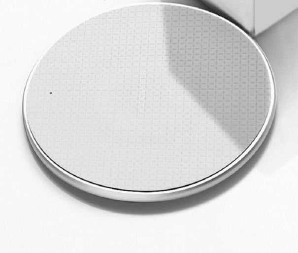 Drahtloses Ladegerät Qi 10 W für Telefone mit drahtloser Ladefunktion Runde Kunststoffunterlage mit Kontrollleuchte Stromversorgung über Micro grau
