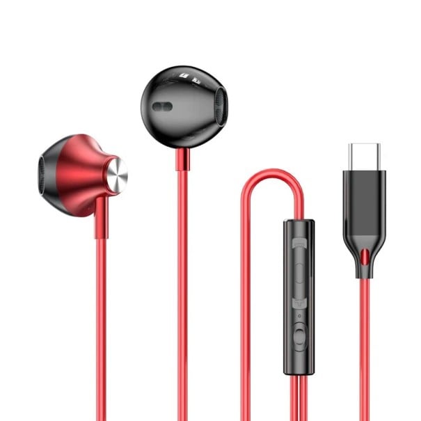 Drátová sluchátka do uší s konektorem USB-C a mikrofonem odolné kovové tělo a PVC kabel voděodolná ovládání hlasitosti pro hudbu i hovory červená