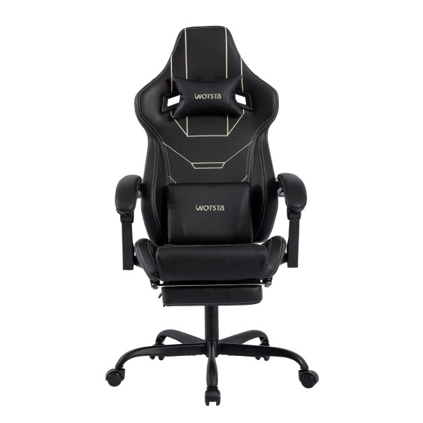 Drehbare ergonomische Gaming-Stuhl mit neigbarem Rückenlehne 90° bis 155° Kopfstütze und Fußstütze aus synthetischem Leder für Büro und Arbeitszimmer zum Sitzen am PC schwarz