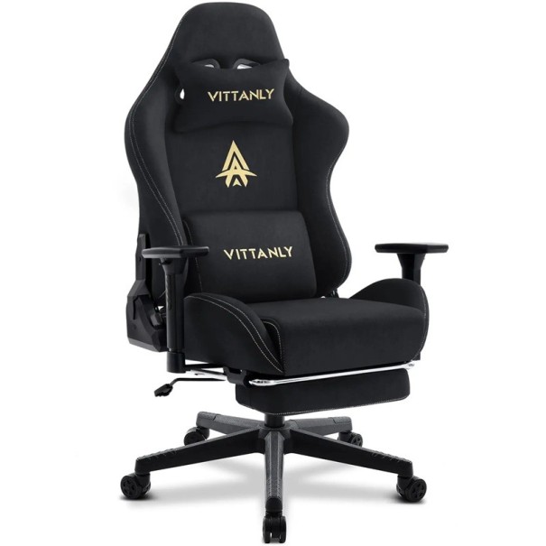 Drehbare ergonomische Gaming-Stuhl mit neigbarem Rückenlehne von 90° bis 155° Fußstütze und Lendenkissen aus Kunstvelours für Büro und Arbeitszimmer am PC schwarz