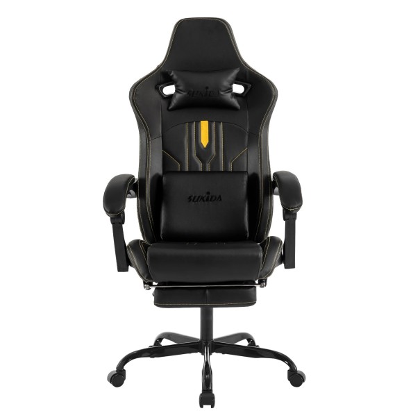 Drehbare Gaming-Stuhl mit verstellbarem Rückenlehne 90° bis 135° Lendenstütze und Fußstütze aus weichem technischen Stoff für Büro und Homeoffice am PC schwarz
