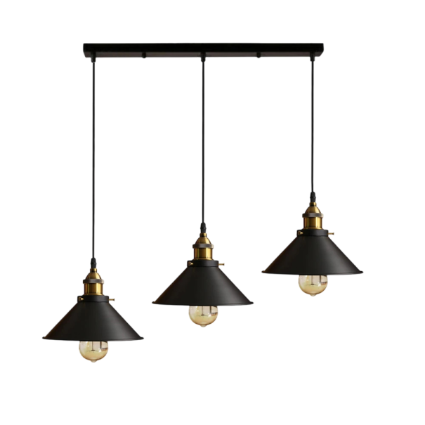 Dreifacher Retro-Industrieluster mit hängenden konischen Schirmen, Basis 50 cm, Durchmesser 22 cm, Kabel 100 cm, Metall schwarz, Fassung E27 über dem Esstisch