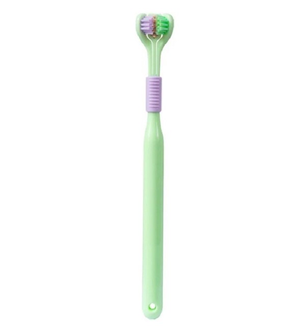 Dreiköpfige Zahnbürste mit feinen Borsten, dreiseitige weiche Zahnbürste 360° für Erwachsene, Zahnbürste mit Zungenschaber, 19,5 x 2,5 cm grün