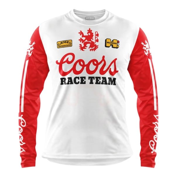 Dres de motocross de manga longa com estampagem de leão heráldico e inscrição no peito e riscas nas mangas para condução de moto branco XS