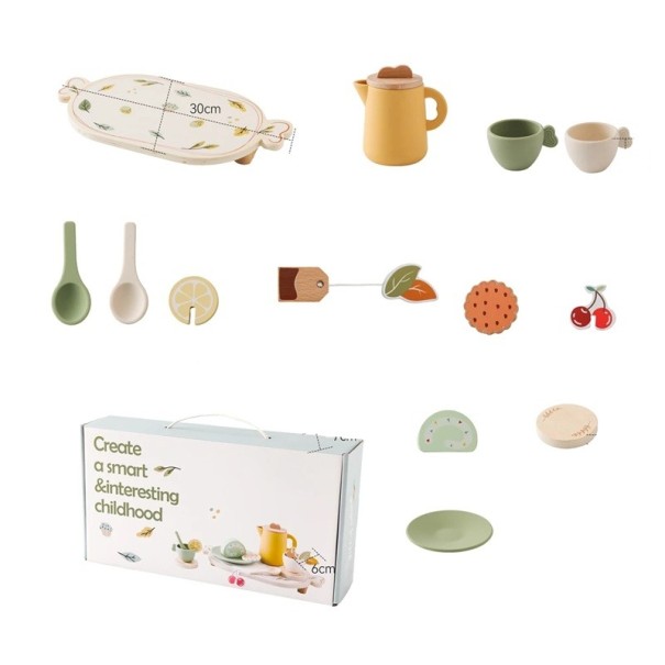 Drevená Montessori čajová sada pre deti Konvica s 2 hrnčekmi podnosom cukrárňou lyžičkami a podtáckami BPA Free vzdelávacia hračka kuchynský set 1
