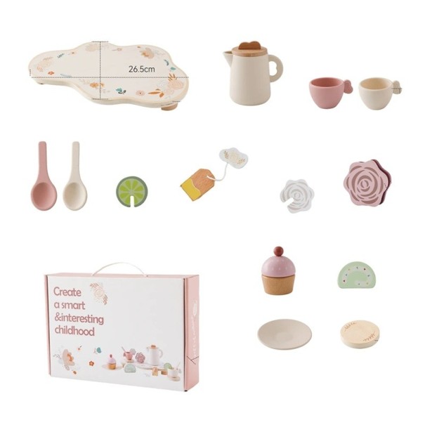 Dřevěná Montessori čajová sada pro děti Konvice s 2 hrníčky podnosem cukřenkou podtácky a lžičkami BPA Free vzdělávací hračka pro batolata 1
