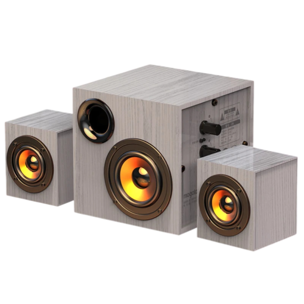 Dřevěné reproduktory mogolala 2.1 stolní set se subwooferem USB napájení a 3,5 mm jack 14 x 14 x 14 cm pro PC notebook a telefon šedá