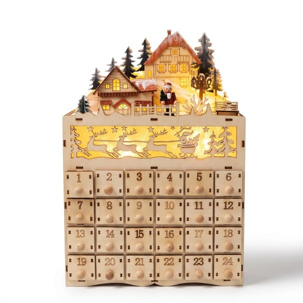 Dřevěný adventní kalendář s LED osvětlením Zimní vesnička se Santou 24 šuplíků 22,5 x 10,5 x 35,5 cm Přírodní dřevo Vánoční dekorace 1