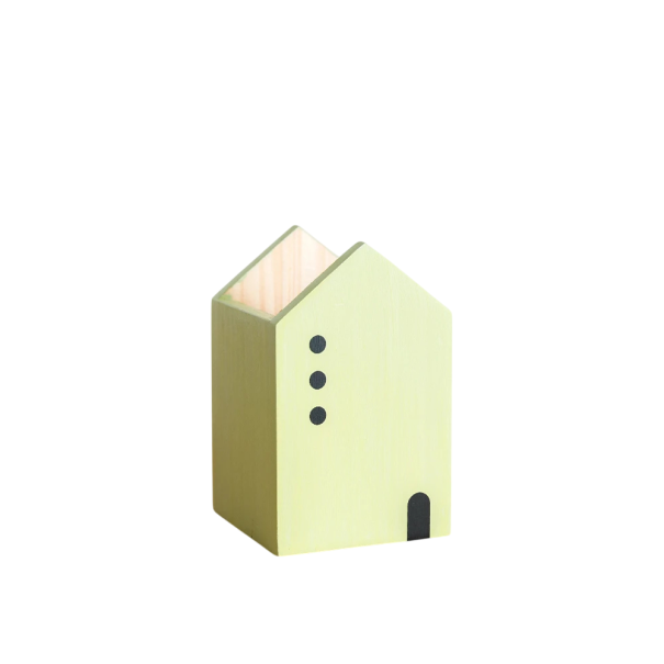 Drevený držiak na ceruzky 12,5x8x8 cm s kresleným domčekom Organizér na písacie potreby Úložný box na štetce Make-up Kancelária Študent svetlo zelená
