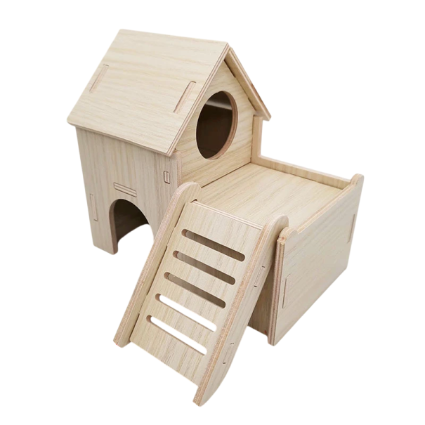 Drevený dvojposchodový domček pre škrečky 15,5 x 15 x 14 cm Domček so schodmi Prírodný drevený úkryt pre hlodavce Hračka a pelíšok do klietky 1