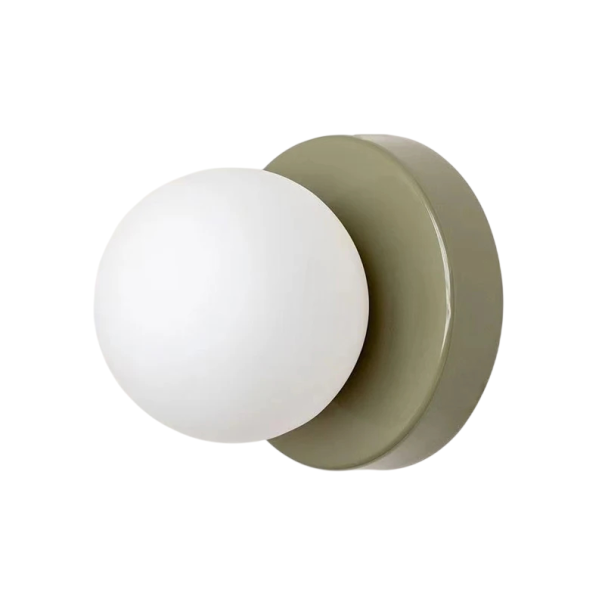 Drobná nástenná LED lampa s kulovým tienidlom, 8 x 10 cm, závit E9, studené biele svetlo 5500-7000K, plast a kov, do kúpeľne a chodby zelená