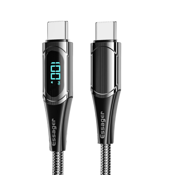 Dual USB C Fast Charging Cable 100 W 1 m 5A Nylon Braided LED Display 20V QC 4.0 Fast Data Transfer 480 Mb/s Digital Indicator black