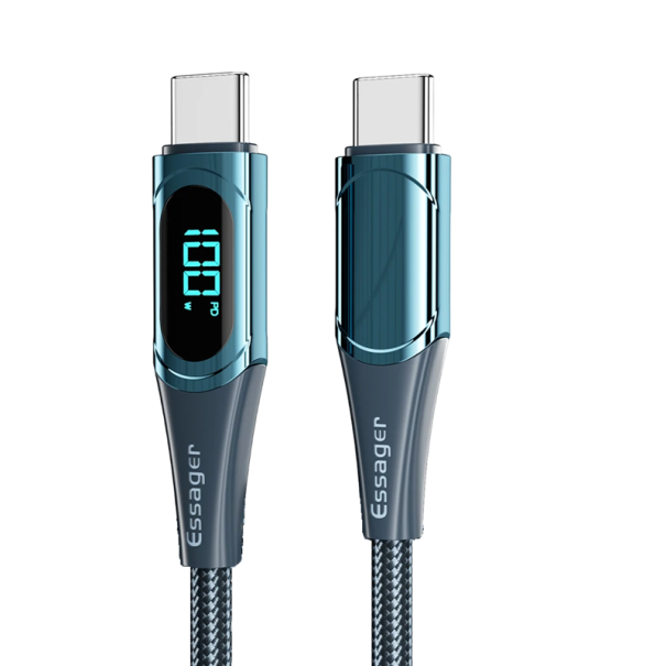 Dual USB C Fast Charging Cable 100 W 1 m 5A Nylon Braided LED Display 20V QC 4.0 Fast Data Transfer 480 Mb/s Digital Indicator blue