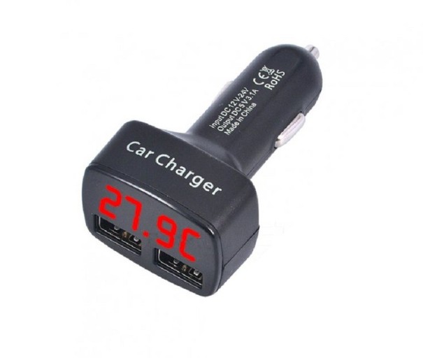 Dubbel USB billaddare med display röd