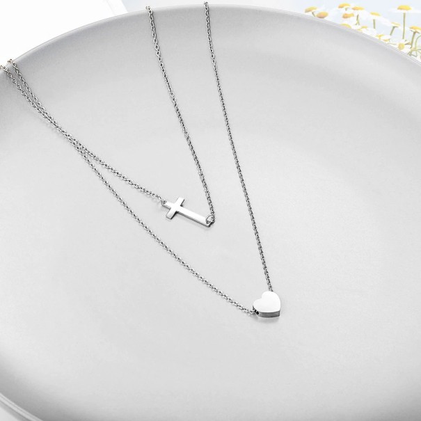 Dubbele damesketting met kruis zilver