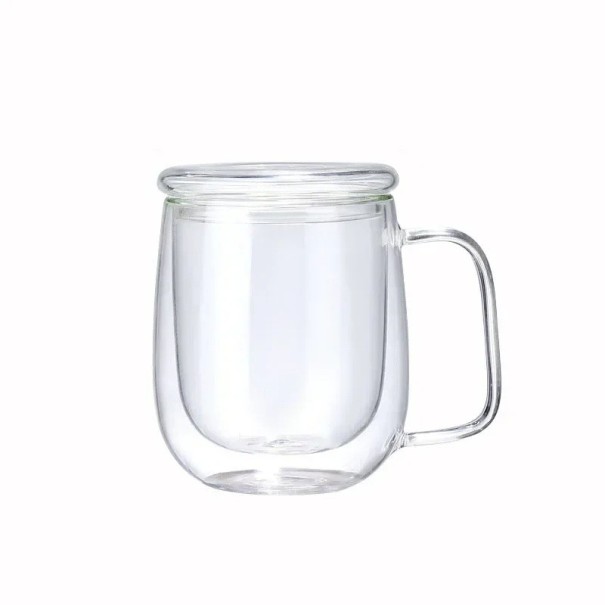 Dubbelväggig glasmugg 250 ml 10,5 x 7,5 cm Värmebeständig mugg med fyrkantigt handtag och lock Termoglas för te, kaffe, latte