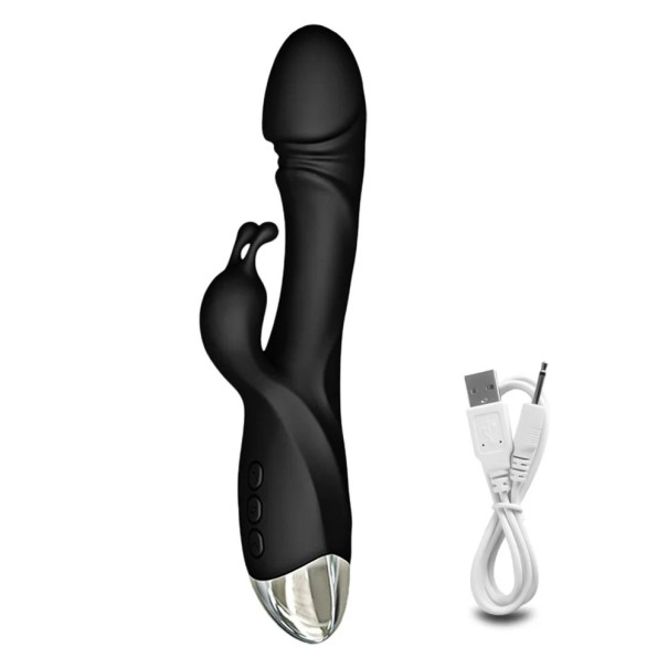 Dubbelvibrator med realistisk form och kaninhuvud med 20 vibrationslägen för G-punkts- och klitorisstimulering 21x3,5 cm diskret förpackning
