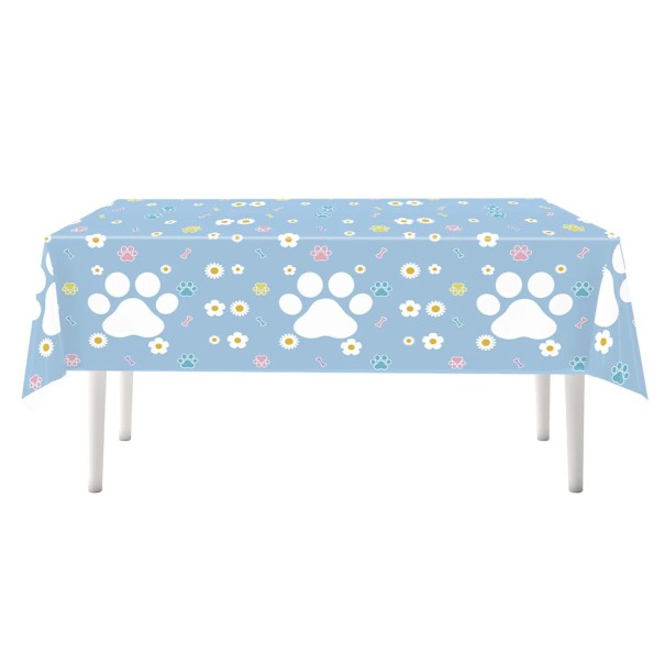 Dug til bord 137 × 274 cm Blå dug med motiv af hvide poter og blomster Dekorativ festdug til børnefødselsdag 1