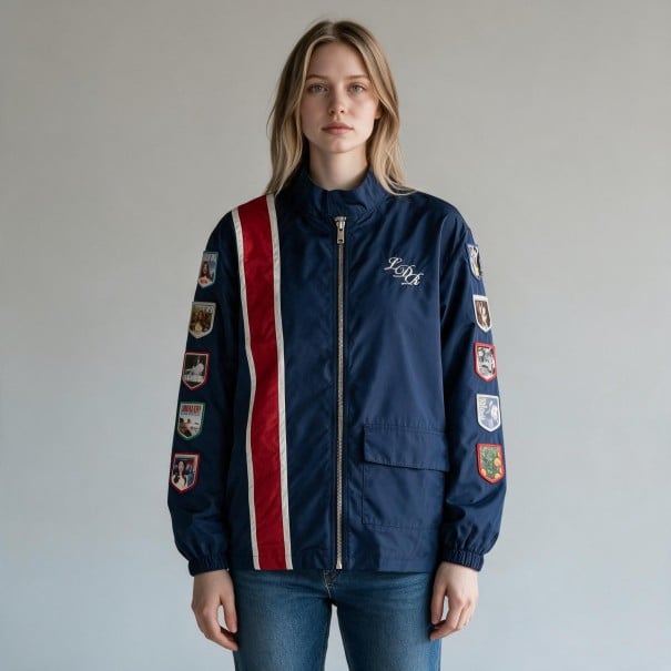 Dunkelblaue Rennjacke mit Aufnähern an den Ärmeln und rot-weißem Streifen vorne mit Stehkragen und elastischen Bündchen unisex S