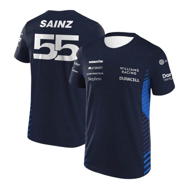 Dunkelblaues Herren-T-Shirt mit der Nummer 55 auf dem Rücken und schrägen blauen Streifen an den Seiten mit kurzen Ärmeln für Formel 1-Fans M