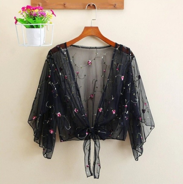 Durchscheinende Cardigan für Damen mit Blumen P605 schwarz