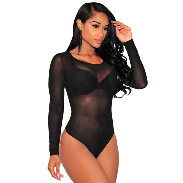 Durchsichtiger Damen-Body mit langen Ärmeln schwarz M