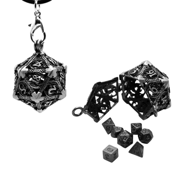 Dutá kovová klíčenka mnohostěnná kostka s mini kostkami 7 ks Fantasy doplněk pro deskové hry RPG DnD přívěsek na klíče černá