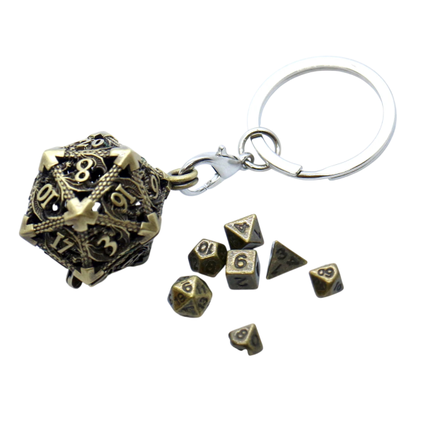 Dutá kovová klíčenka mnohostěnná kostka s mini kostkami 7 ks Fantasy doplněk pro deskové hry RPG DnD přívěsek na klíče zlatá