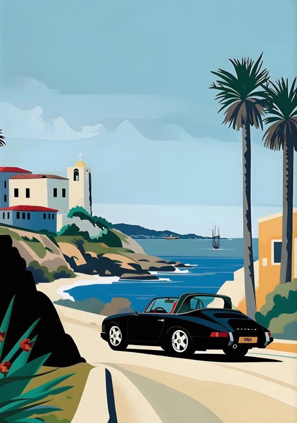 Duży rysunkowy plakat Porsche 911 w nadmorskim mieście z palmami 50 x 70 cm Druk na płótnie Bez ramy Luksusowa dekoracja ścienna pokoju 1