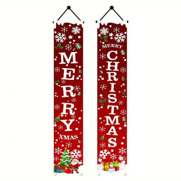 Dvojice vánočních závěsných bannerů 180 x 30 cm Červené s bílým nápisem Merry Christmas a sněhovým motivem Vánoční dekorace na dveře 1