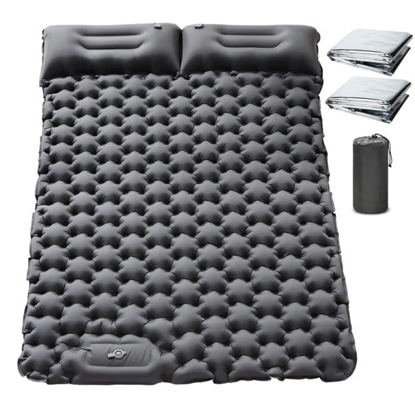 Dvojitá nafukovací karimatka 196 x 125 x 9 cm Vestavěná nožní pumpa Nylon 40D s TPU Se dvěma polštáři Pro 2 osoby Na kempink a turistiku 1