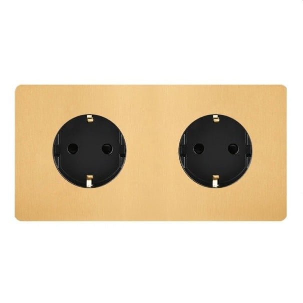 Dvojitá nástěnná zásuvka pod omítku, retro design, EU Schuko, 172 x 86 mm, 16 A, kartáčovaná nerezová ocel, zlatá, do bytu i kanceláře 1