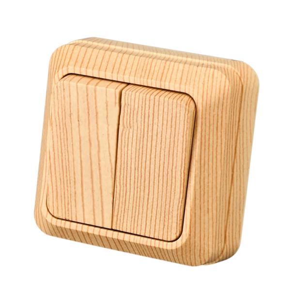 Dvojitý vypínač nástěnný dvoutlačítkový 69 × 69 × 30 mm, nehořlavý plast, dekor světlého dřeva, ovládání osvětlení v interiéru 1