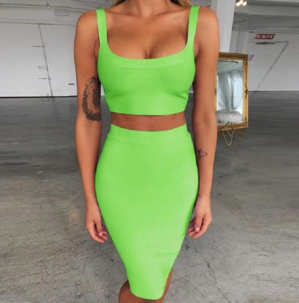 Dvoudílné bodycon šaty neonová zelená L