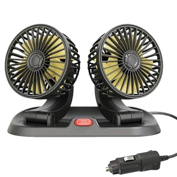 Dvouhlavý ventilátor do auta s napájením 12 V z autozapalovače a tlačítkem na vypínání černý se žlutými lopatkami pro osobní vozy i dodávky 1