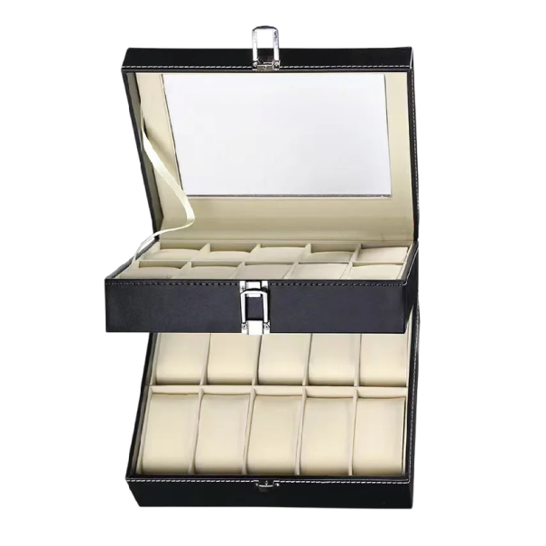 Dvoupatrová krabička na hodinky s 20 sloty 28x20x16,5 cm PU kůže černá s průhledným víkem pro uložení hodinek 1