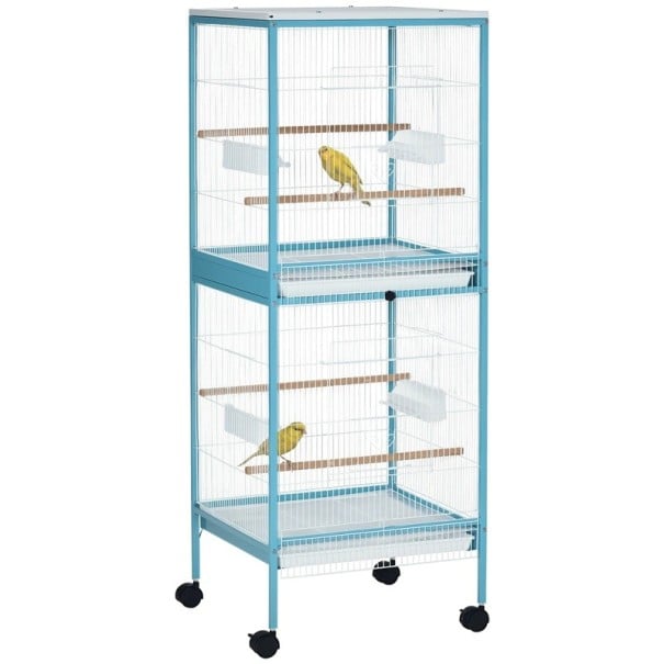 Dvoupatrová ptačí klec na kolečkách s vyjímatelnými miskami 52 x 50 x 140 cm ocelový drát dvířka na 3 stranách modrá pro chov ptáků 1
